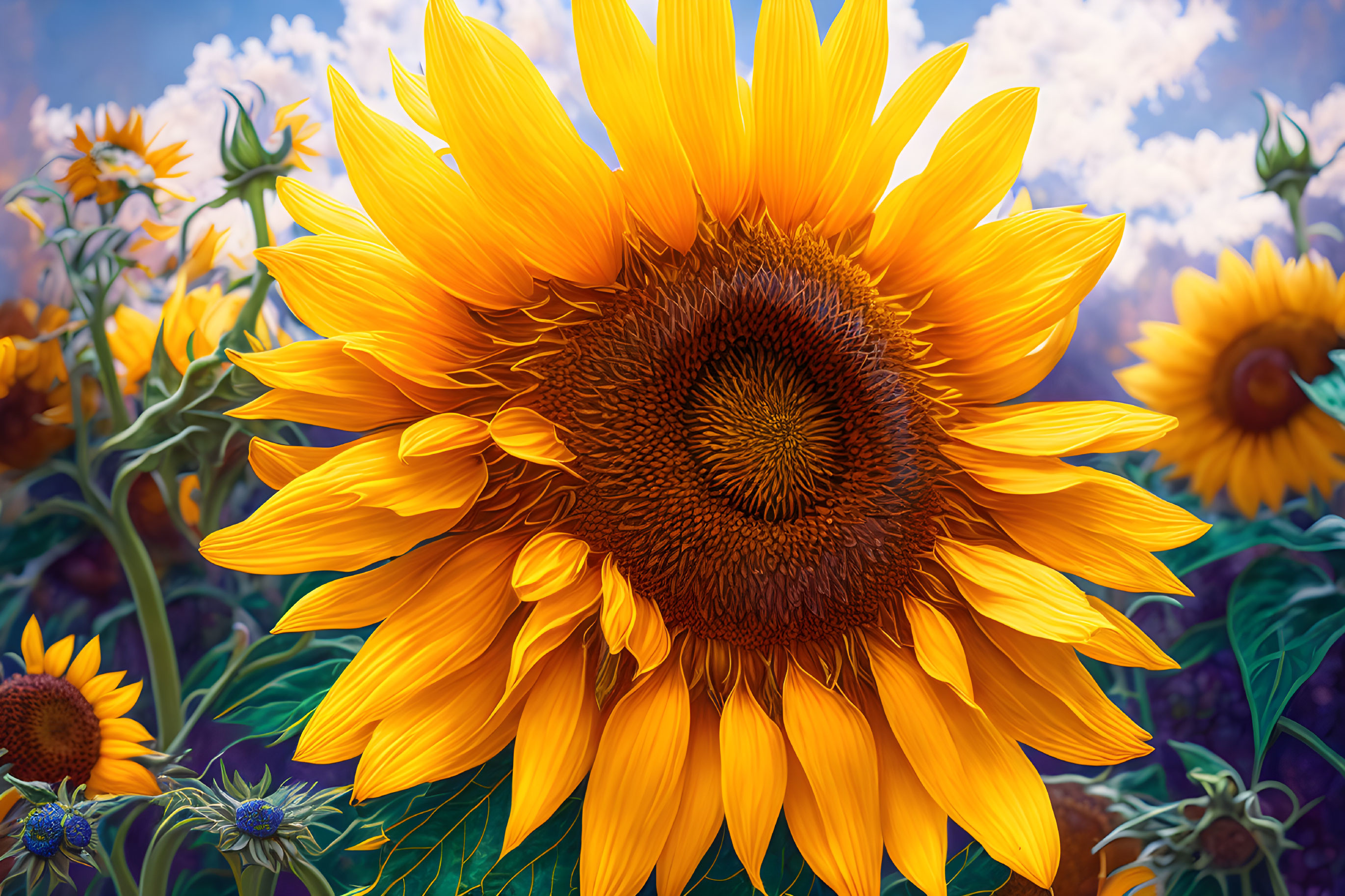 Bright yellow sunflower against blue skies and more sunflowers