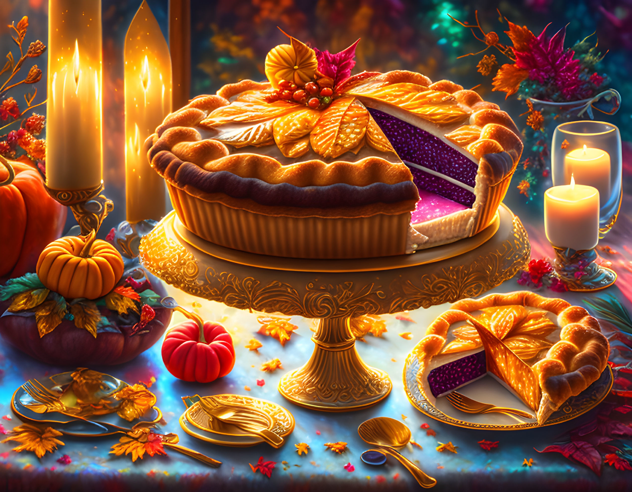 Autumn-themed illustration with pumpkin pie, candles, fall leaves, and mini pumpkins