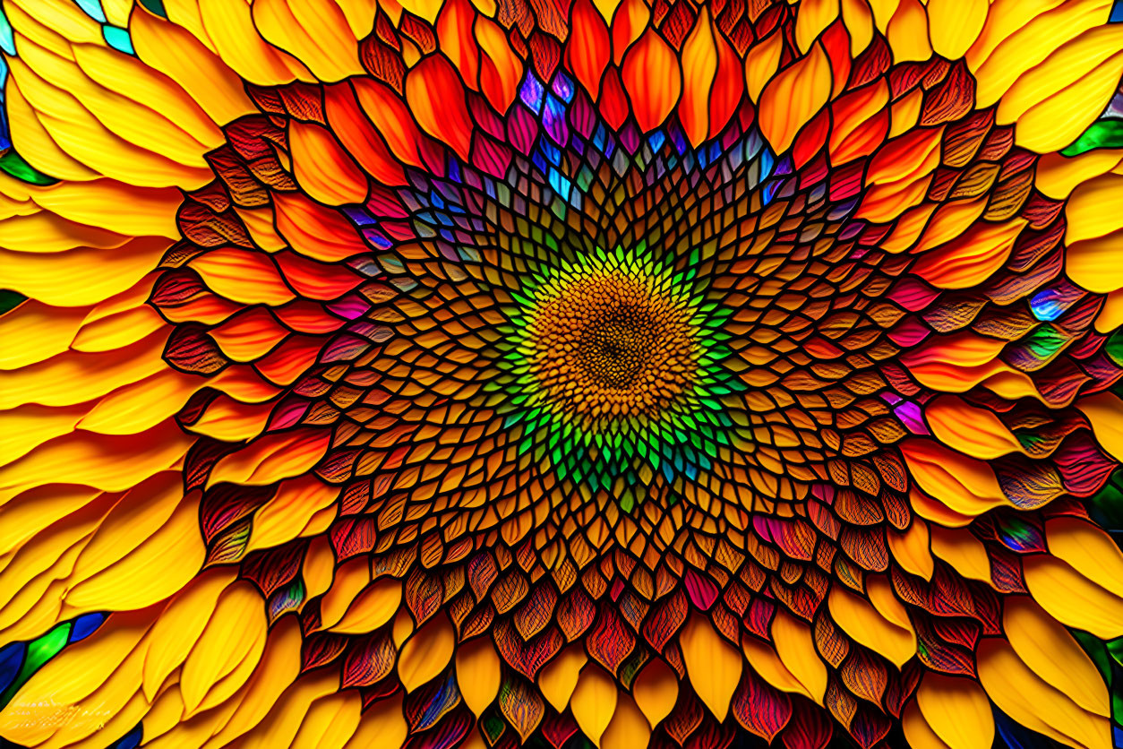 Detailed close-up of vibrant sunflower with fiery gradient center