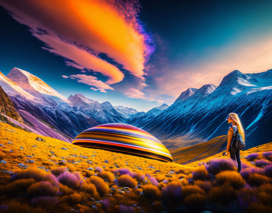 Person near futuristic vehicle in vibrant mountain landscape at sunset to starry night scene