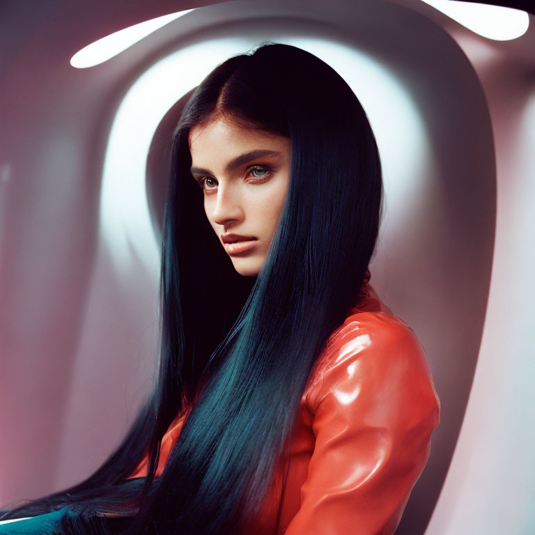 Woman with long black hair in glossy red top under circular light