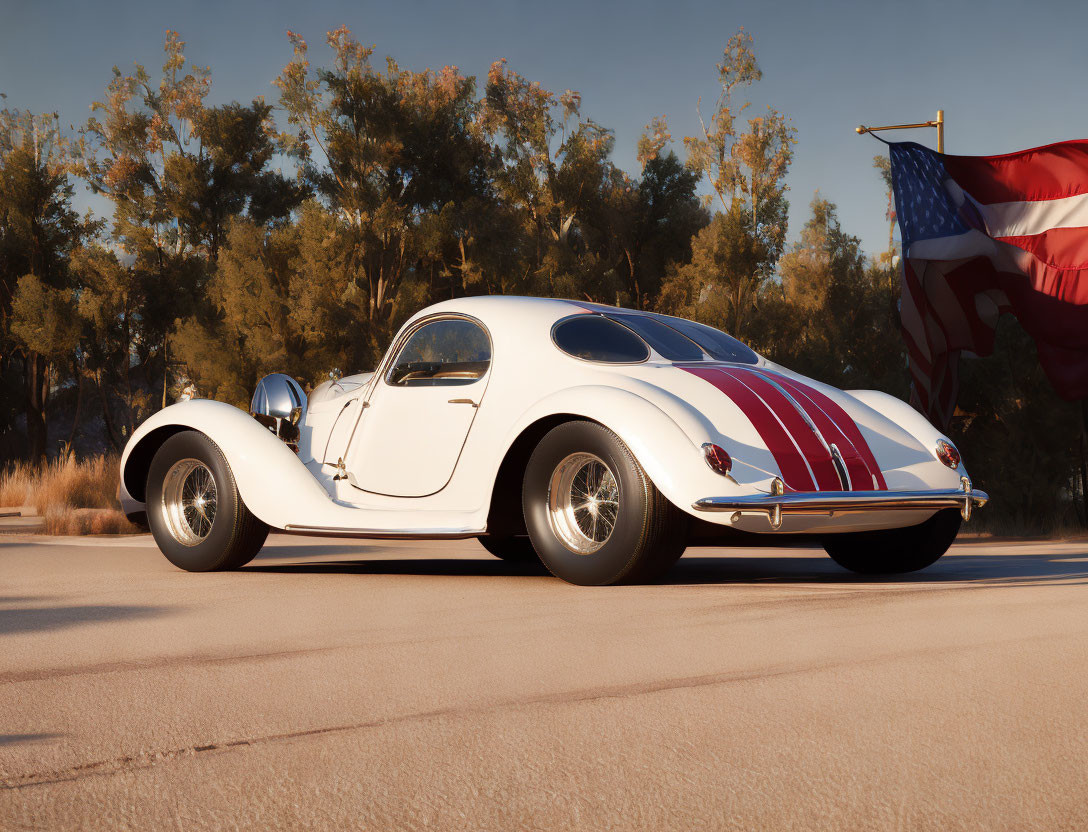 Vintage White Car with Red Stripes on Road with Blurred American Flag