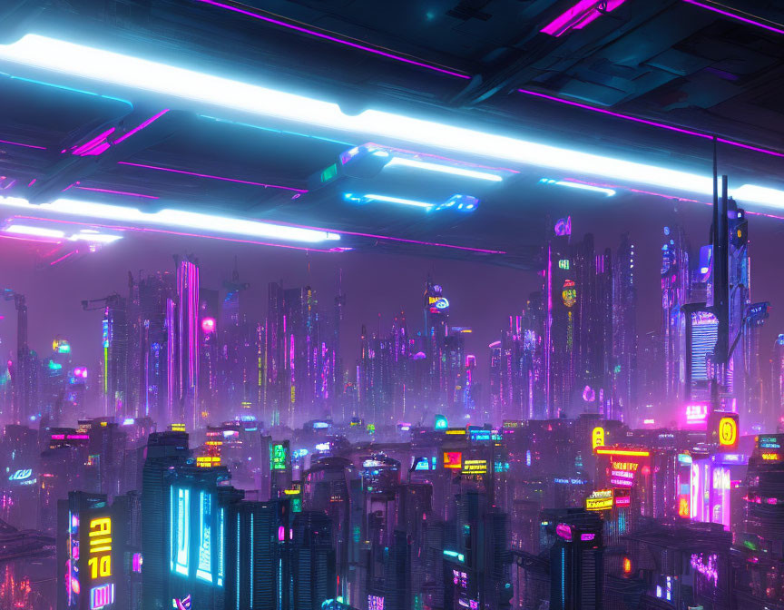 Futuristic cyberpunk cityscape with neon lights and flying cars