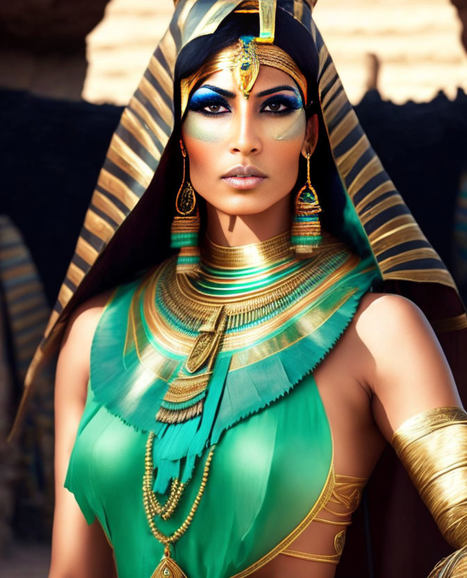 Elaborate Ancient Egyptian Woman Costume with Historical Architecture