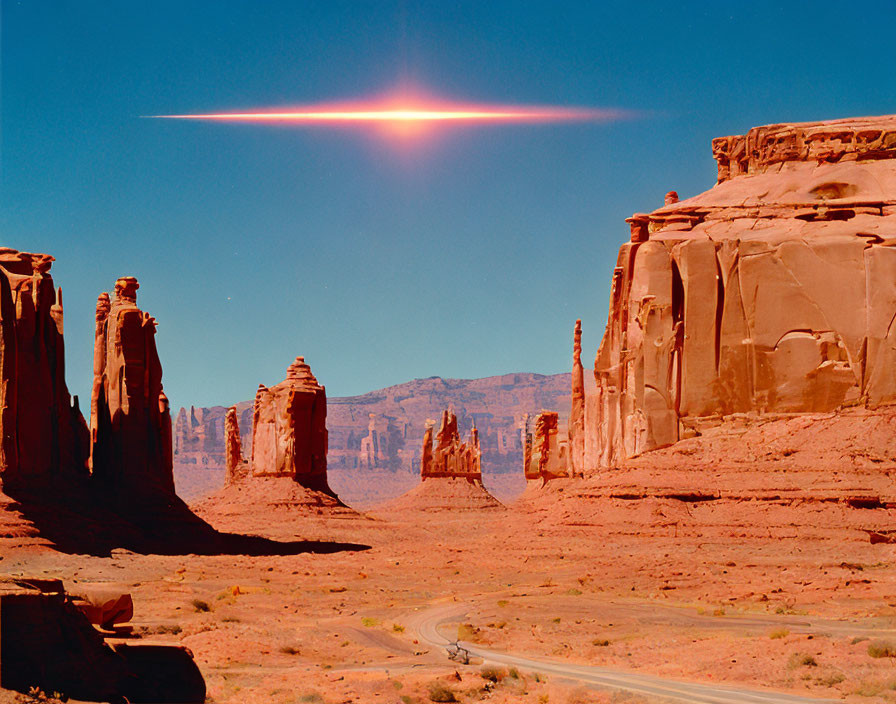 Desert landscape with dusty road and sandstone formations