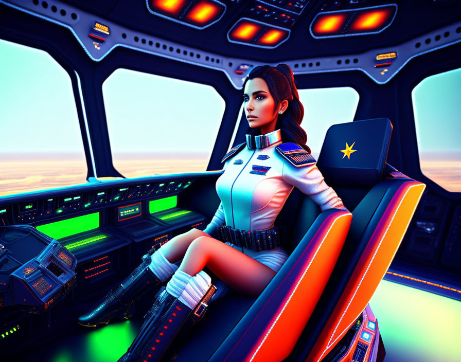 Female pilot in white and blue uniform in futuristic spacecraft cockpit