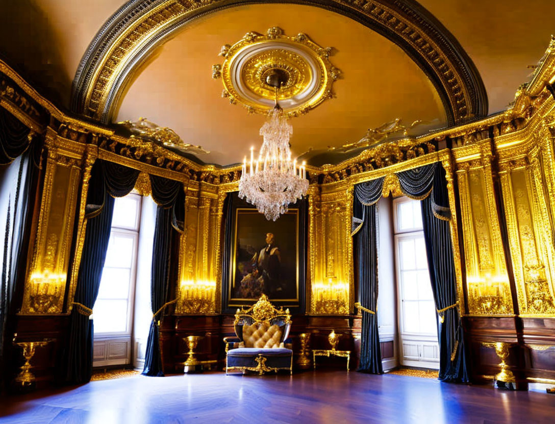 Luxurious Golden Room with Chandelier and Portrait