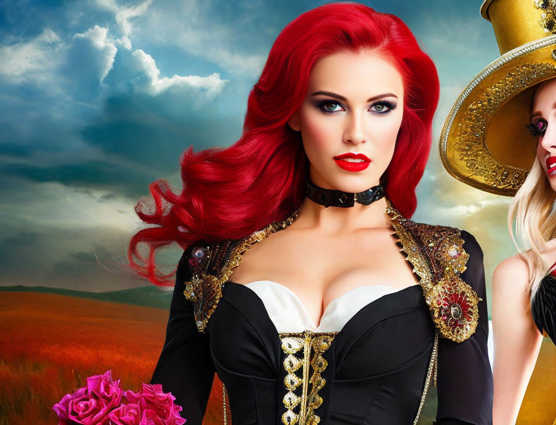 Vibrant image of woman with red hair in corset and choker, with person in top