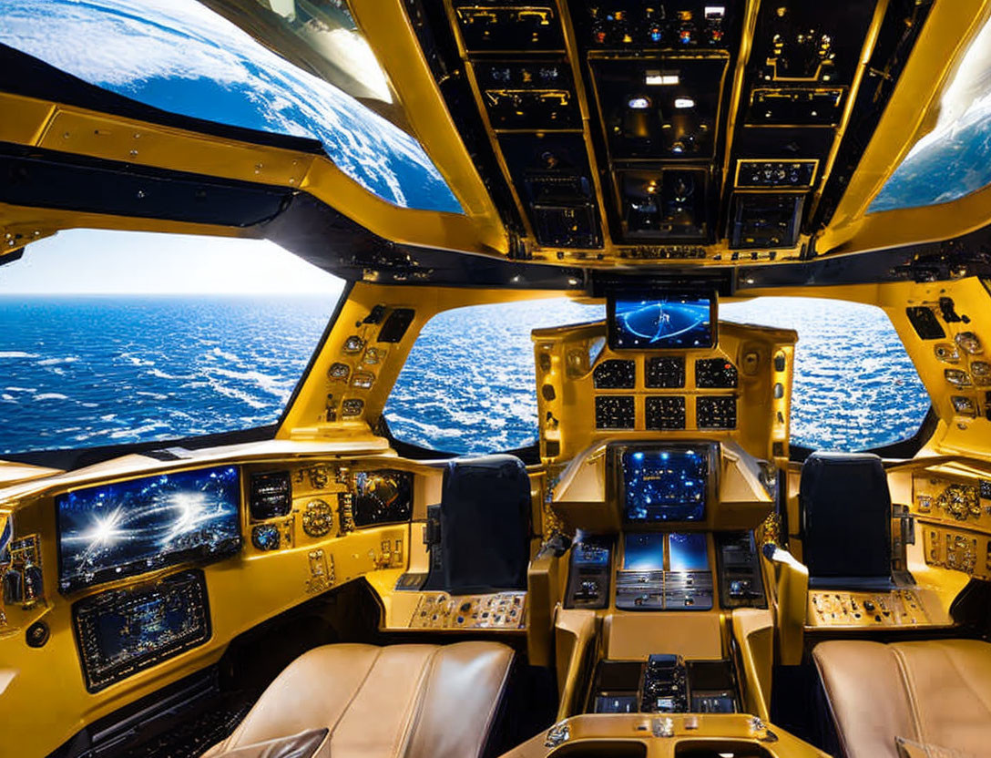 Airplane Cockpit with Control Panels and Screens Over Ocean