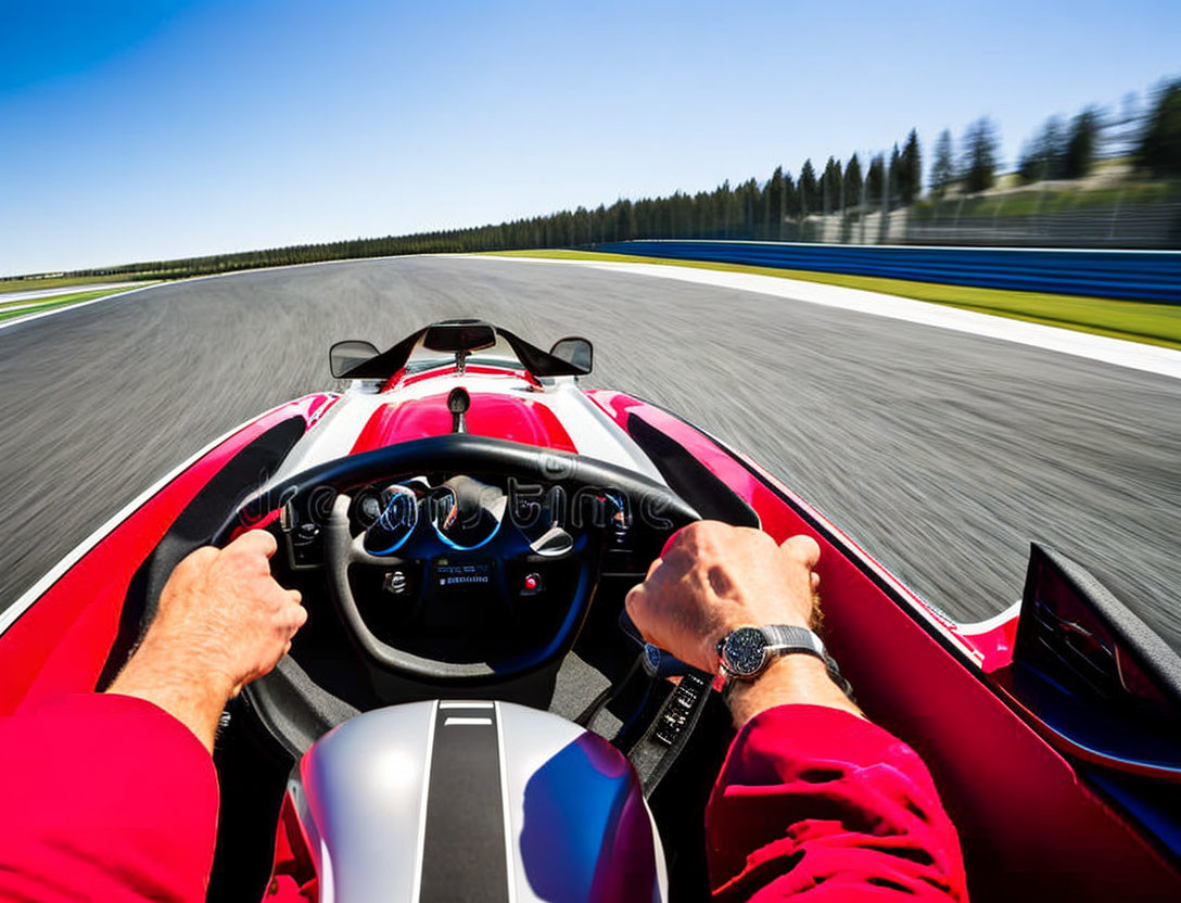 Driver's hands on red race car wheel in high-speed view