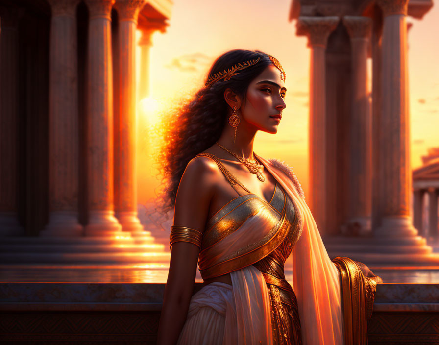 Elegant woman in ancient attire by pillars at sunset exudes regal aura