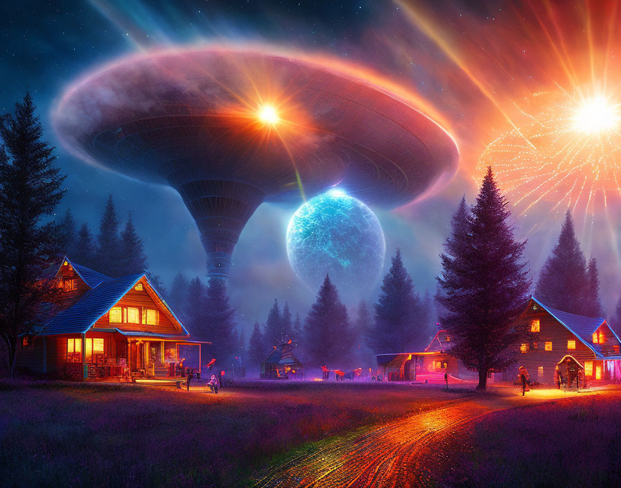 Sci-fi scene: Colossal UFO over forest with cabins, blue planet, cosmic trails