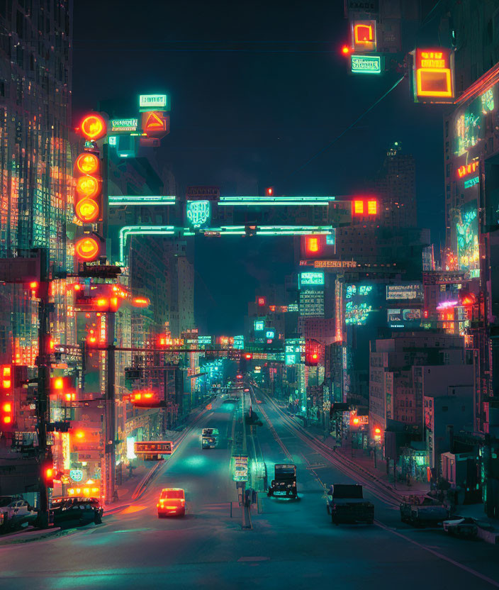 Neon-lit urban street at night with glowing signage and cars, creating a futuristic cityscape.