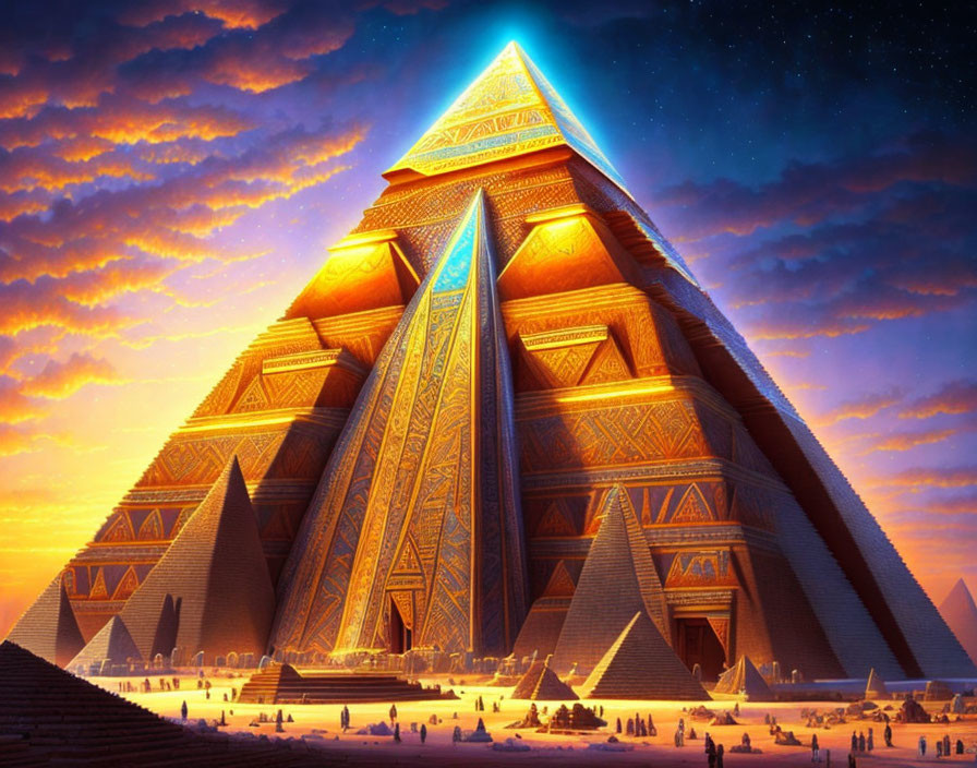 Great Pyramids of Giza illuminated in fantastical twilight scene