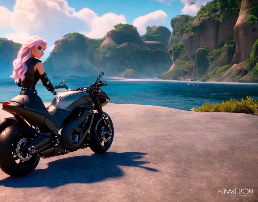 Pink-haired female character and motorcycle by coastal cliffs.