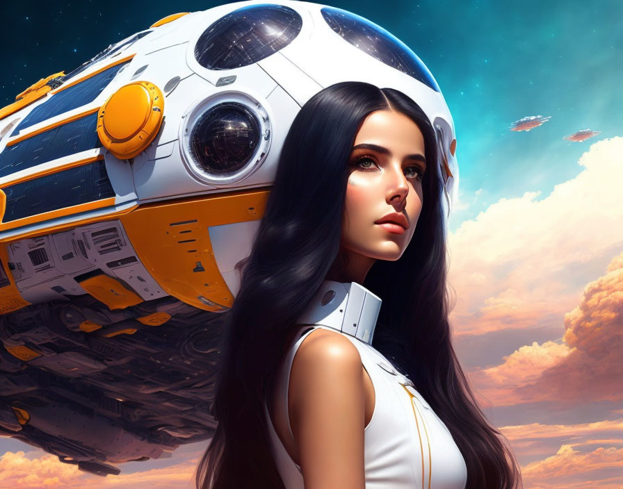 Dark-haired woman gazes at futuristic spaceship in cloud-filled sky