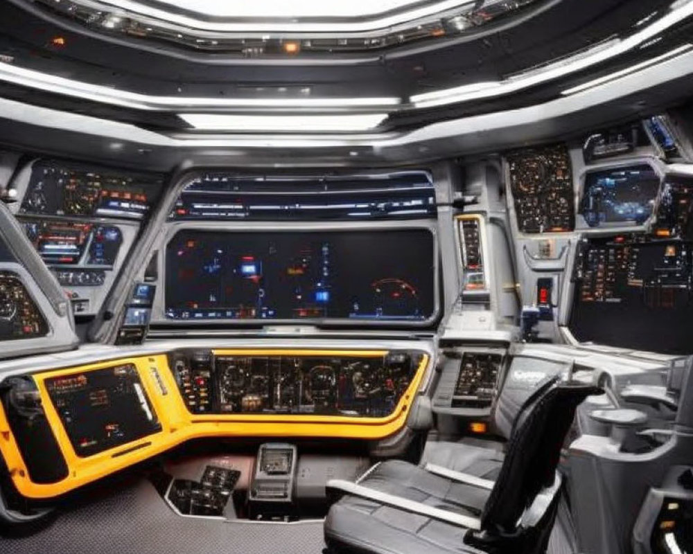 Futuristic spacecraft cockpit with curved console and illuminated panels