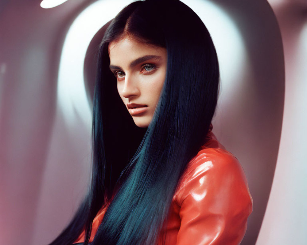 Woman with long black hair in glossy red top under circular light