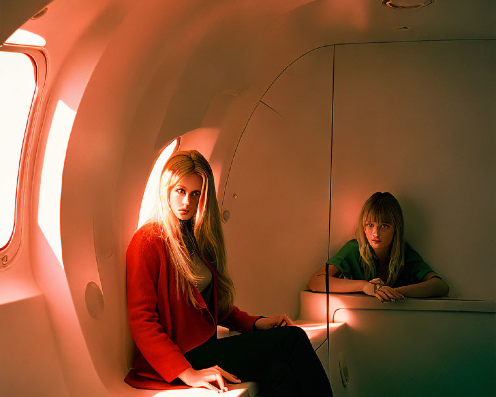 Two women in red-lit aircraft cabin, one seated, one peering from compartment.