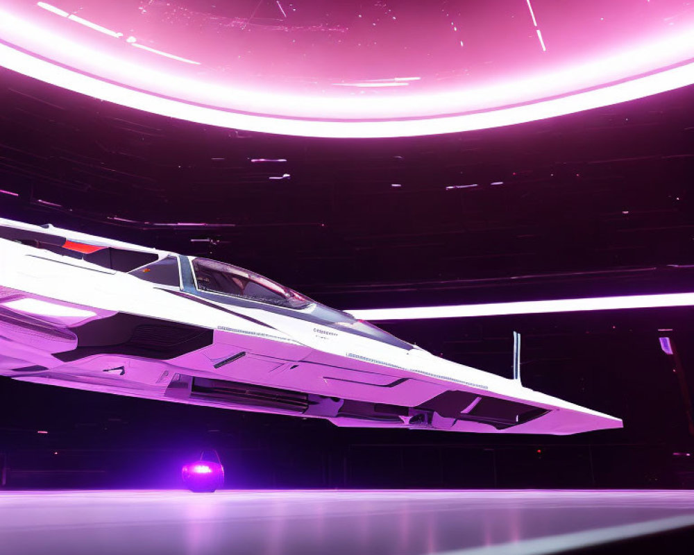 Futuristic white spaceship in purple-lit hangar