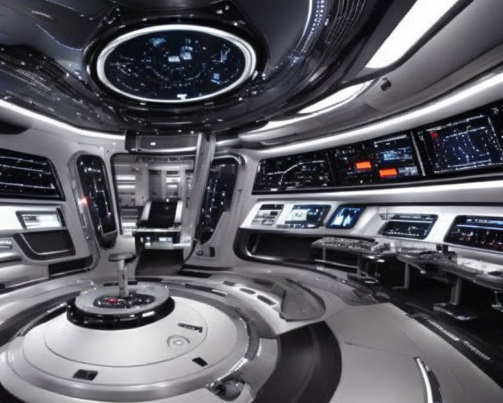 Futuristic spaceship bridge with control panels and star chart screens