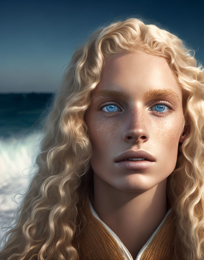 Young person with curly blonde hair and blue eyes in brown jacket against ocean backdrop