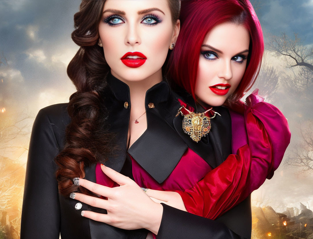 Two Women in Striking Makeup and Elegant Attire Against Moody Background