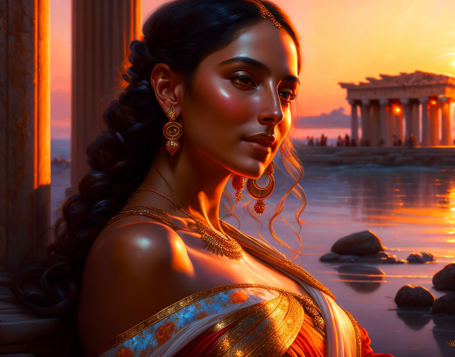 Woman with Dark Hair and Golden Jewelry in Sunset Setting