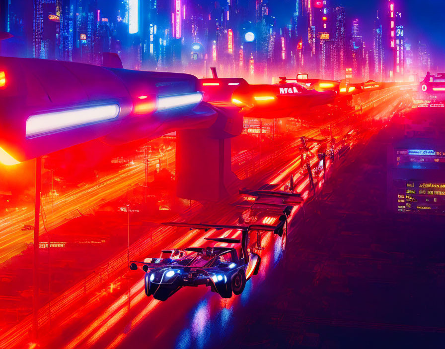 Futuristic Cyberpunk Cityscape with Neon Lights and Flying Cars