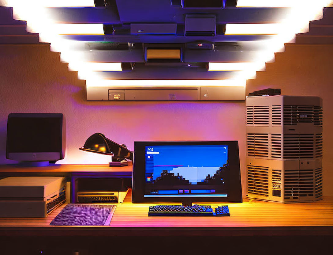 Contemporary workspace with ambient lighting and computer setup