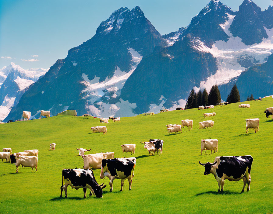 Cows grazing in lush green field with snow-capped mountains and blue sky