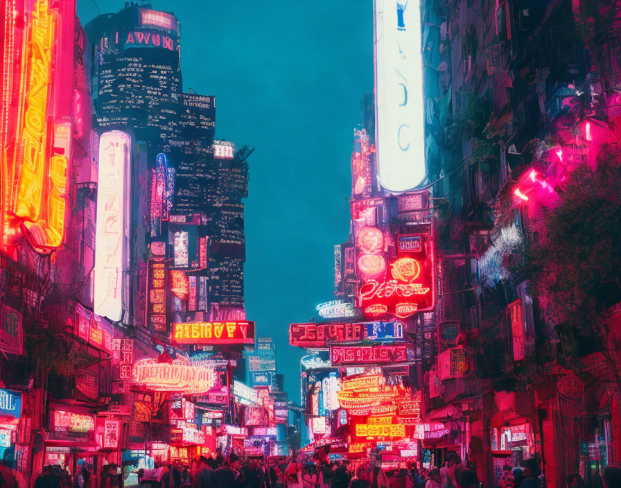 Colorful Neon-Lit Street at Night with Multilingual Signs