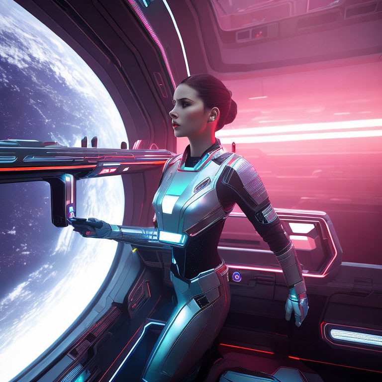 Female astronaut in futuristic spacesuit gazes at pink and purple nebula from spaceship window