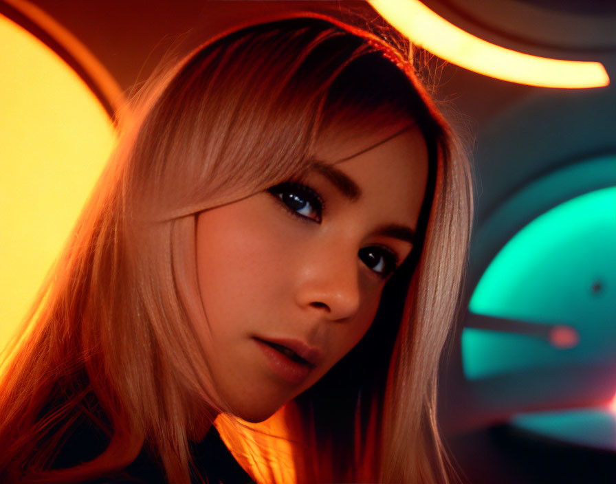 Blonde Woman Gazing at Camera Against Neon-lit Background