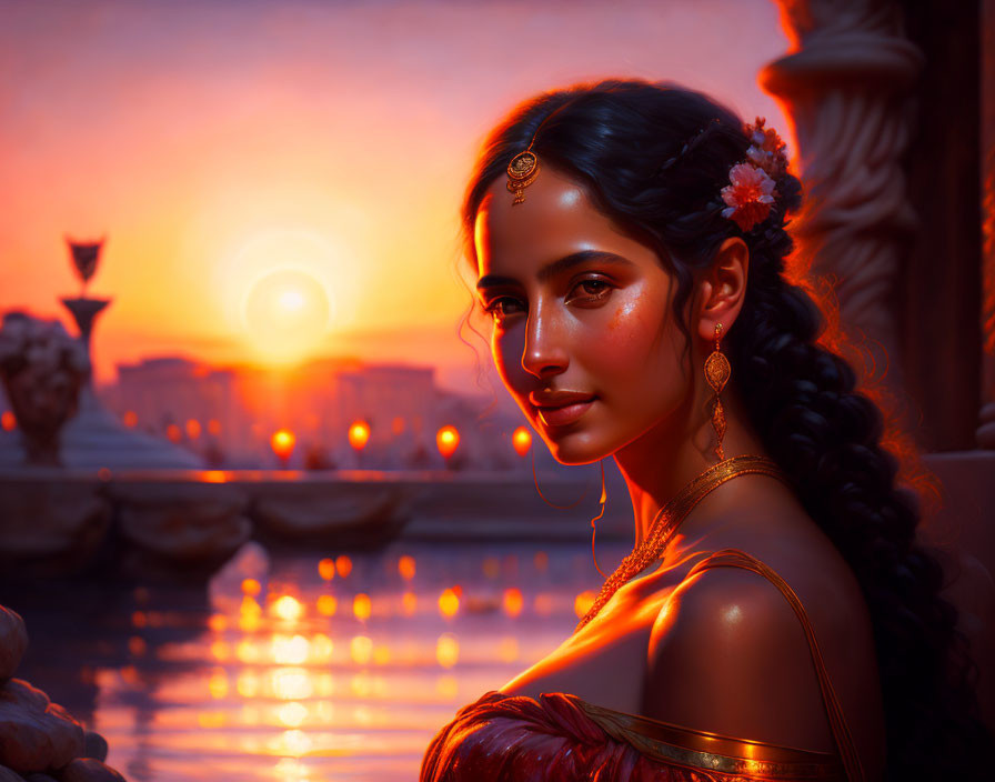 Woman with jewelry by water at sunset with floating candles