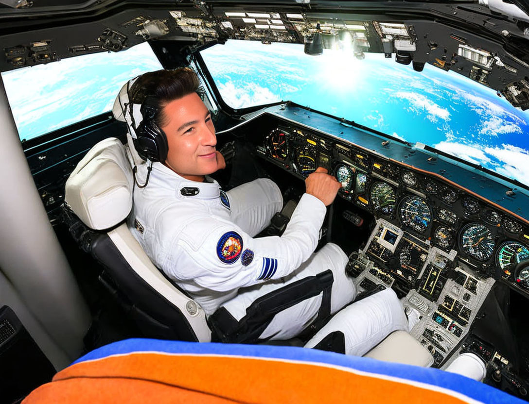 Astronaut in white space suit smiling inside spacecraft cockpit with Earth view.