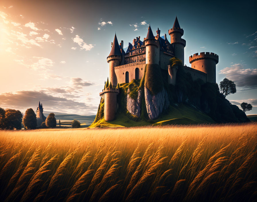 Majestic castle with spires on grassy hill under sunset sky