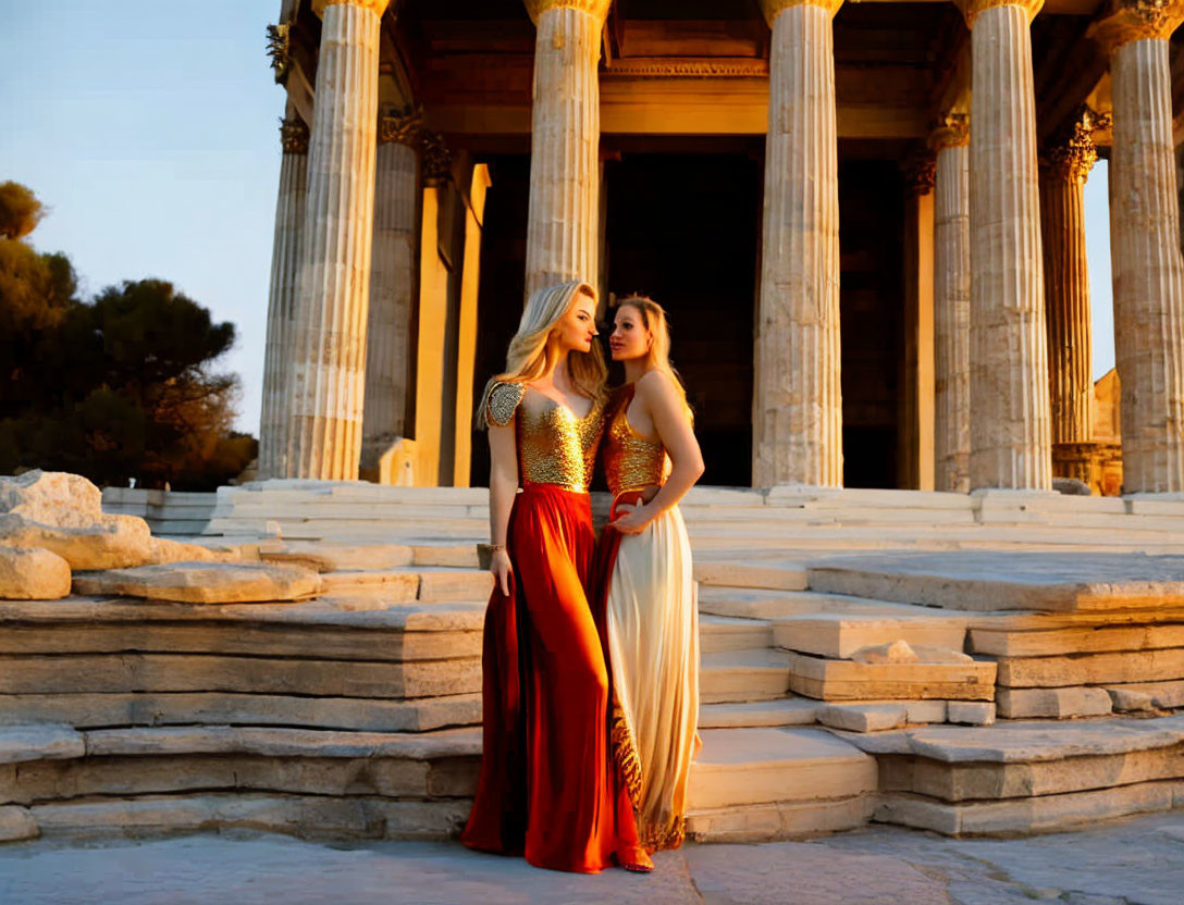 Two women in elegant Grecian gowns at ancient temple columns.