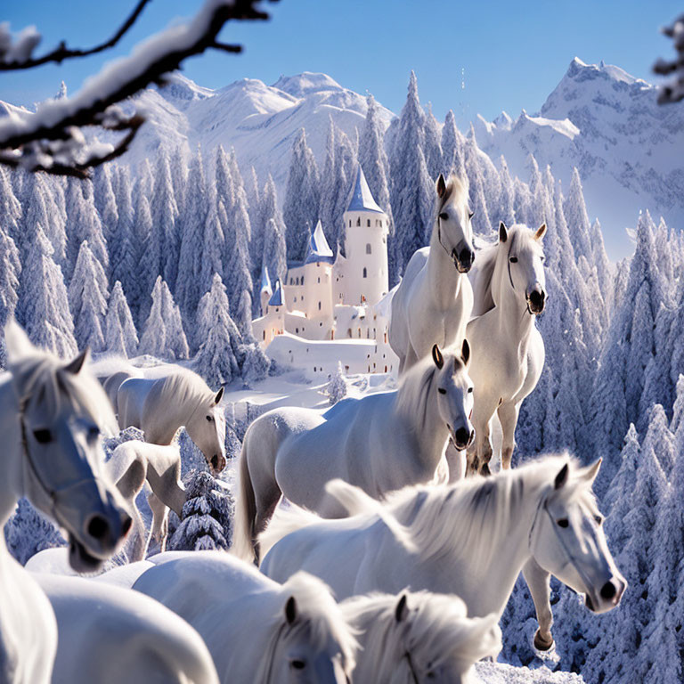 White horses gallop in snow-covered forest with castle and icy peaks