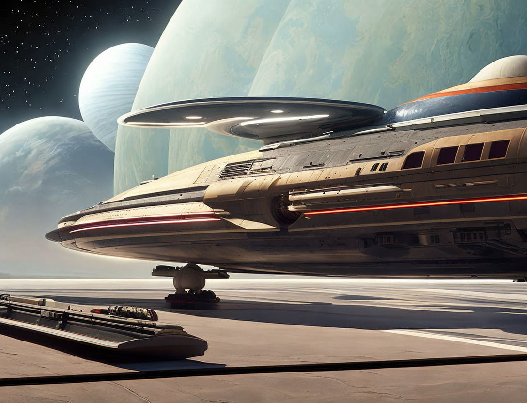 Sleek spacecraft on landing pad with enormous planets in alien sky