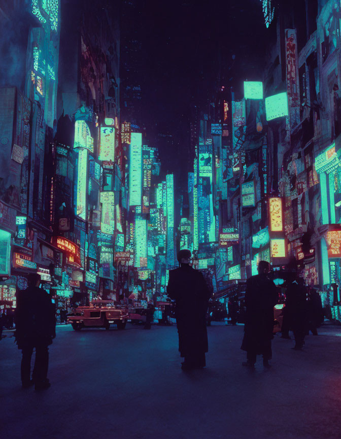 Cyberpunk-inspired nocturnal cityscape with neon signs and pedestrians