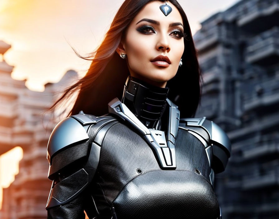 Futuristic armored woman with symbolic design in urban sunset setting