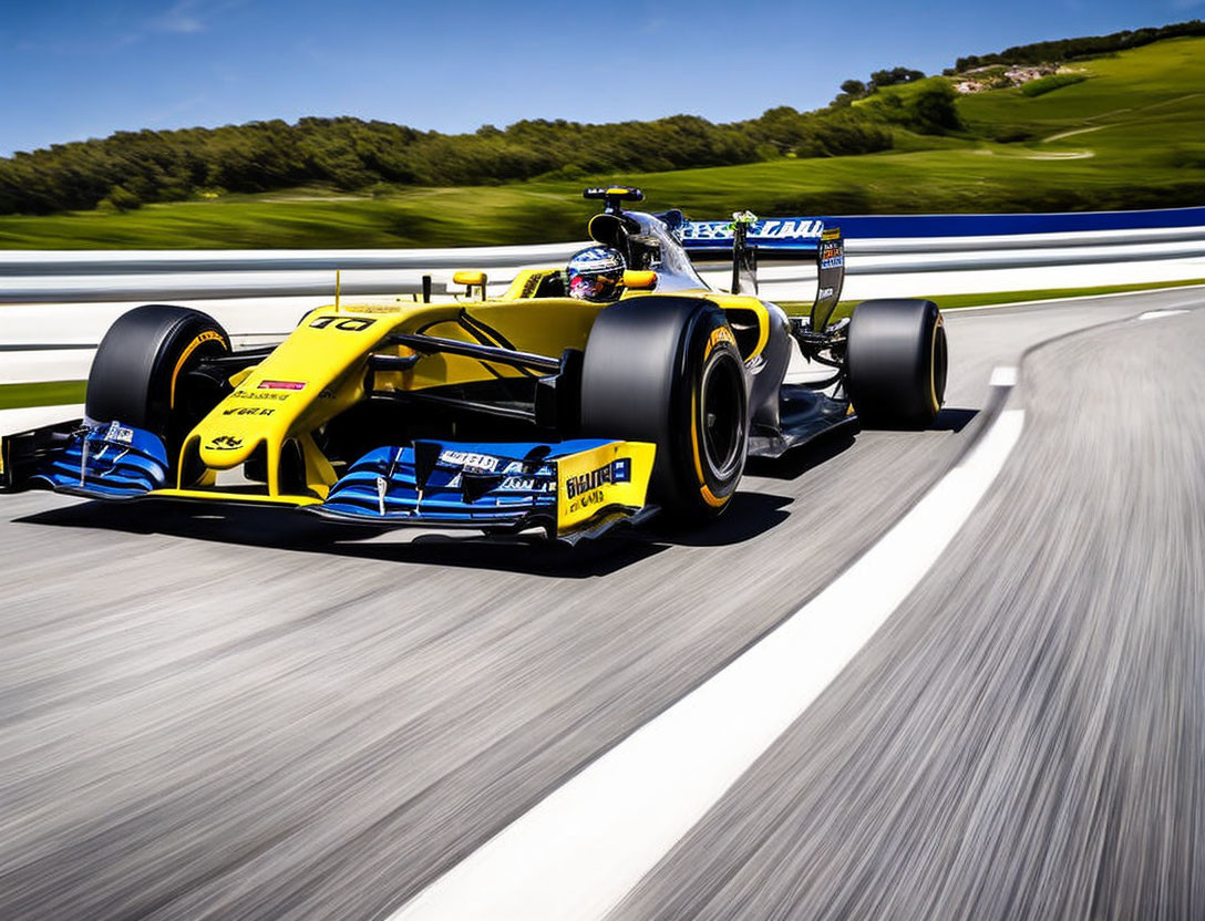 Yellow and Black Modern Formula 1 Car Racing on Sunny Track