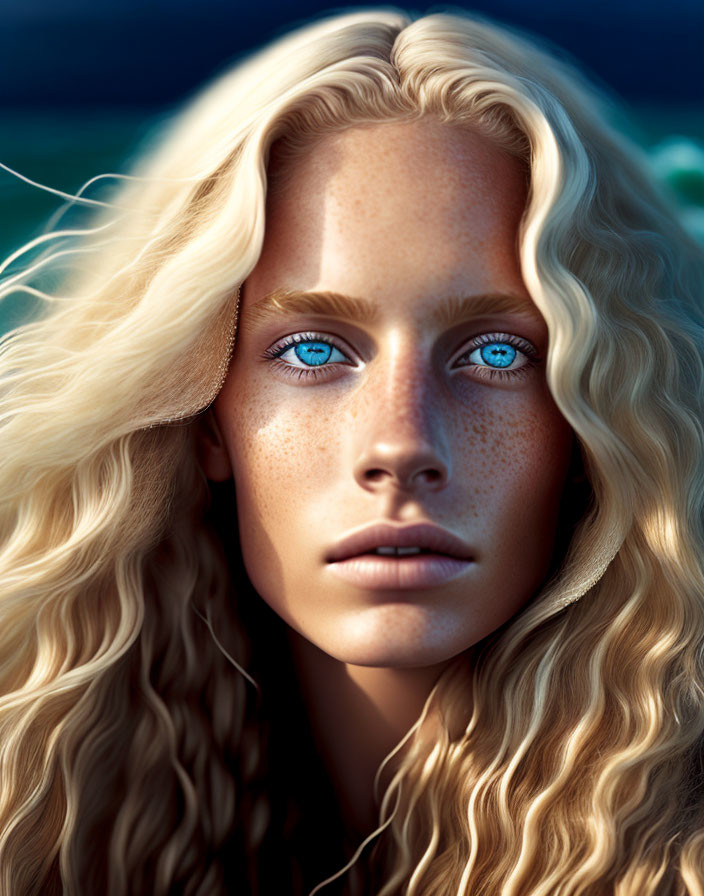 Portrait of person with blue eyes, freckles, and curly blonde hair in nature.