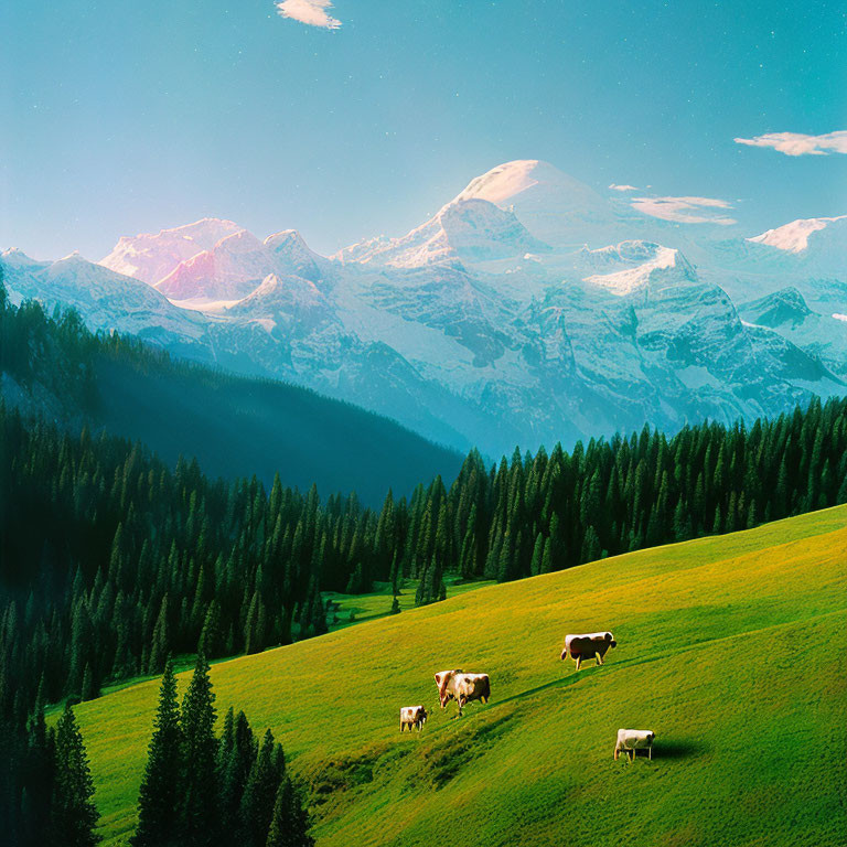 Cows grazing on vibrant green hill with snow-capped mountains in background