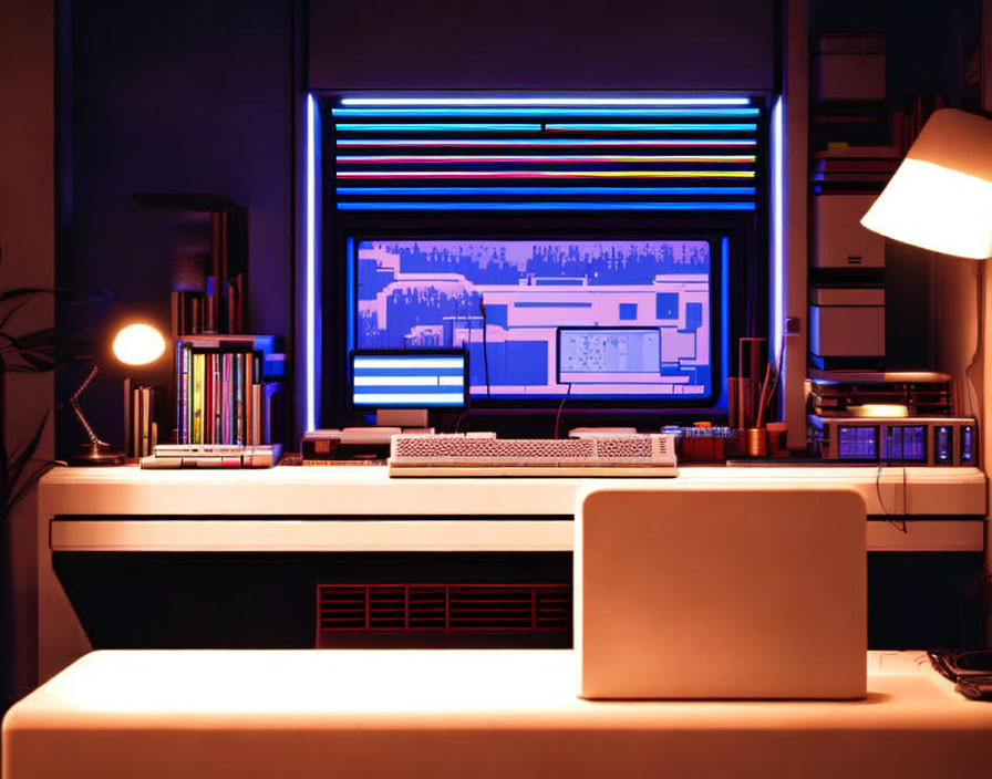 Colorful Backlit Monitor with Retro Desktop Setup, Books, Lamp, and Modern Laptop on Desk