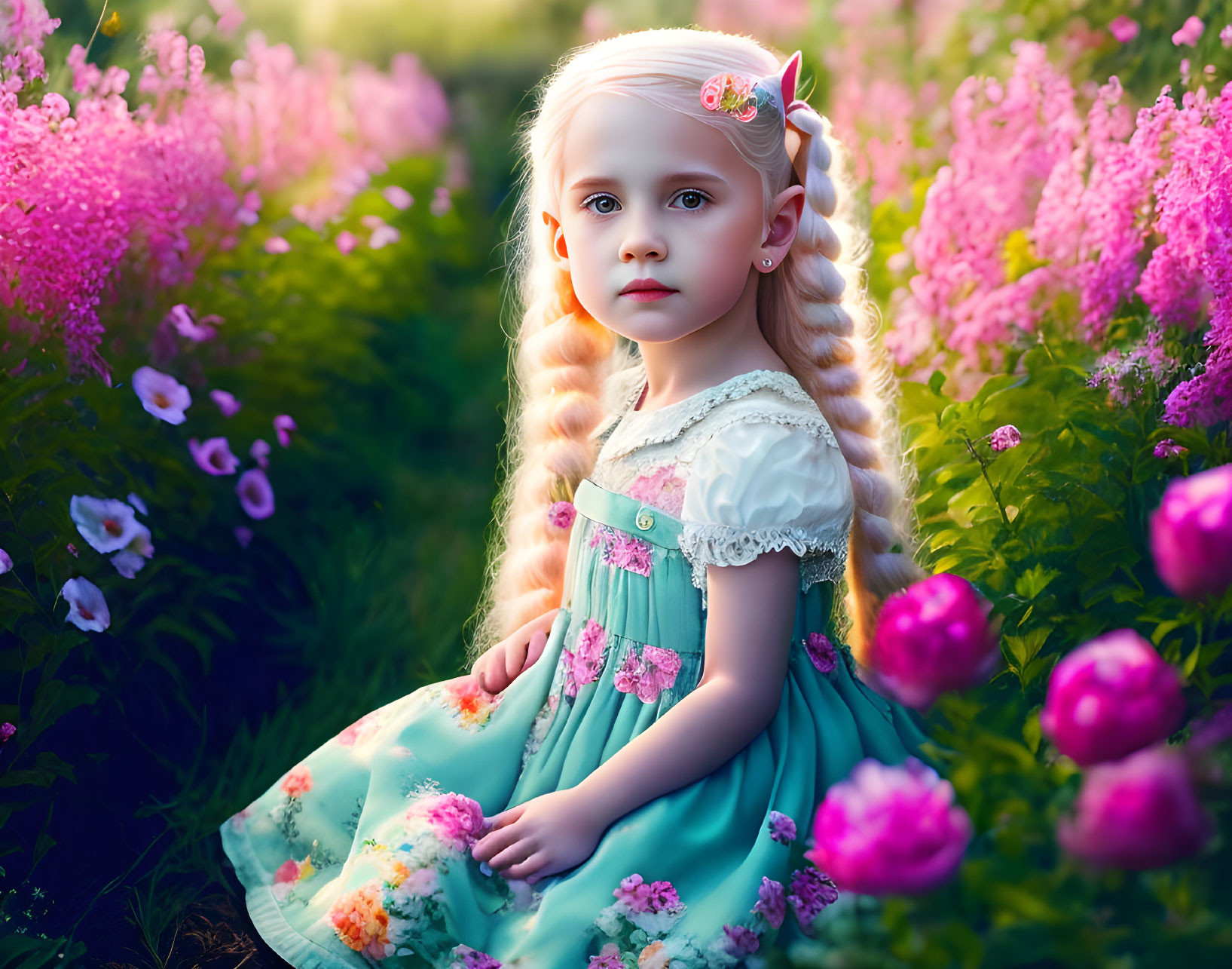 Braided hair girl in turquoise dress among pink flowers at golden hour