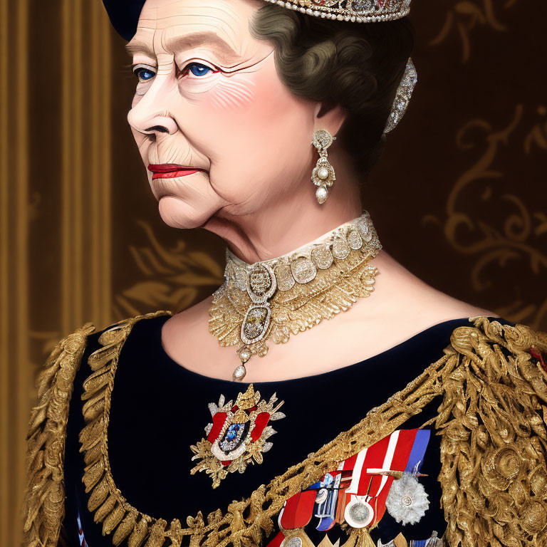 Regal woman with crown, earrings, and medals on golden background