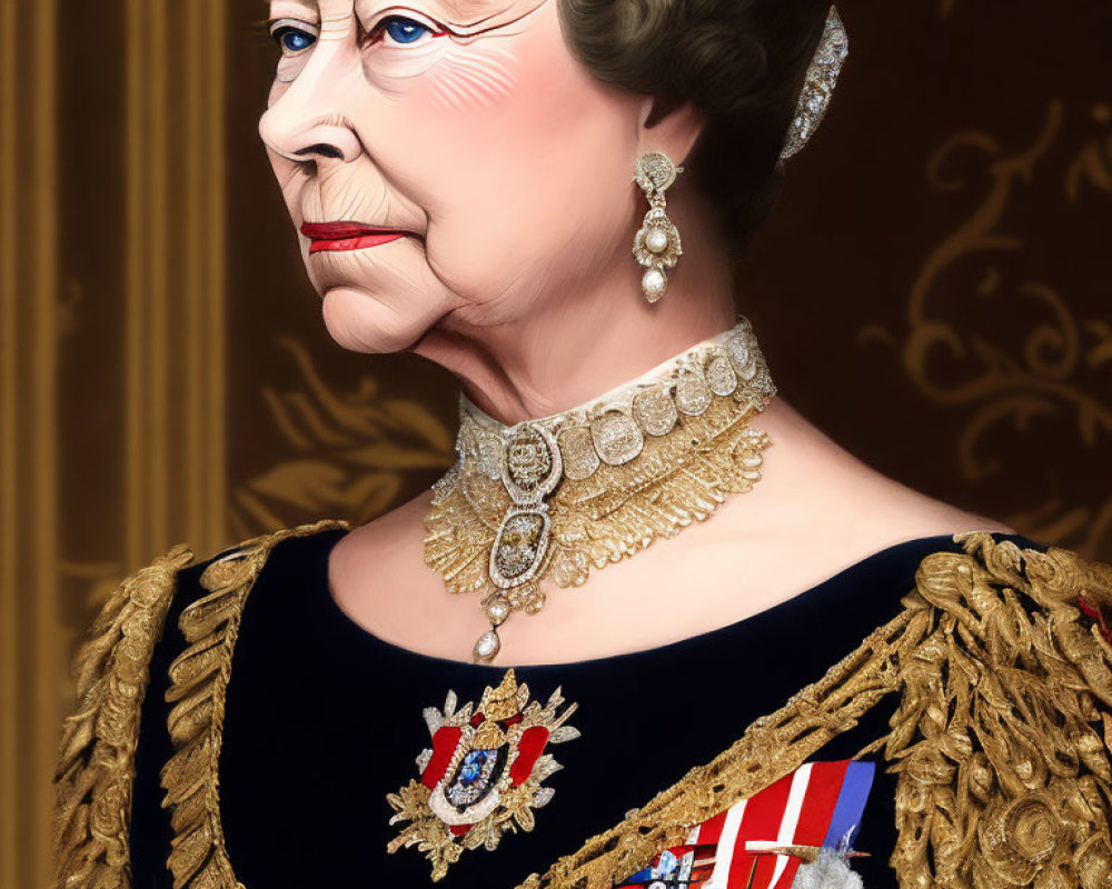 Regal woman with crown, earrings, and medals on golden background