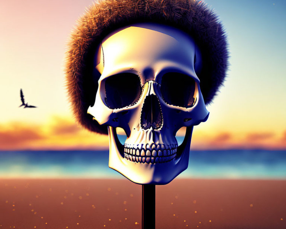 Skull with Aviator Sunglasses and Fur Hat on Beach at Sunset